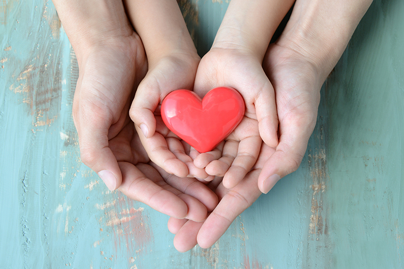 Hands holding a toy heart for charitable donations